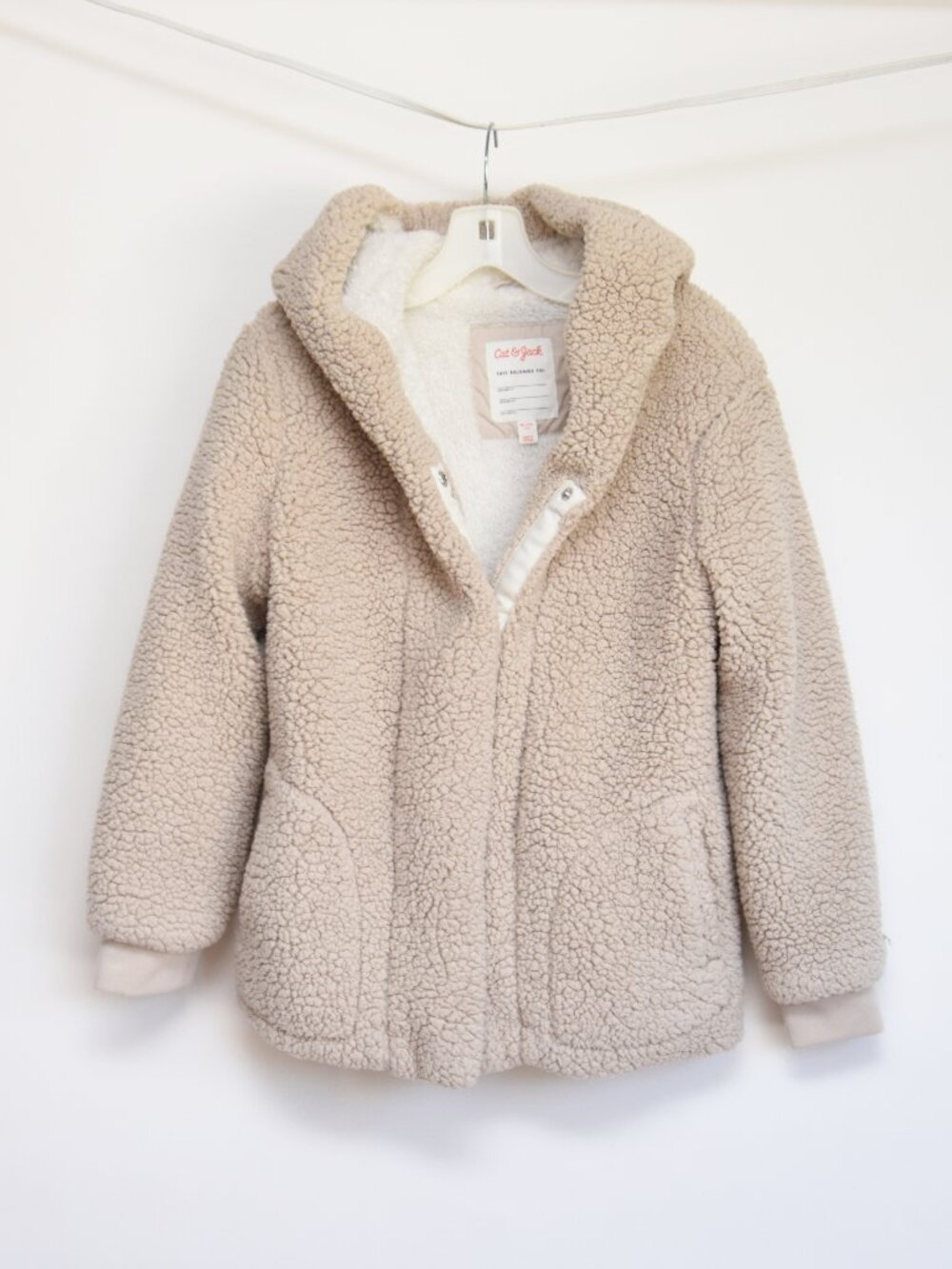 Cat & Jack Girls XL 14 Beige Teddy Faux Shearling Hooded Snap Jacket - Excellent